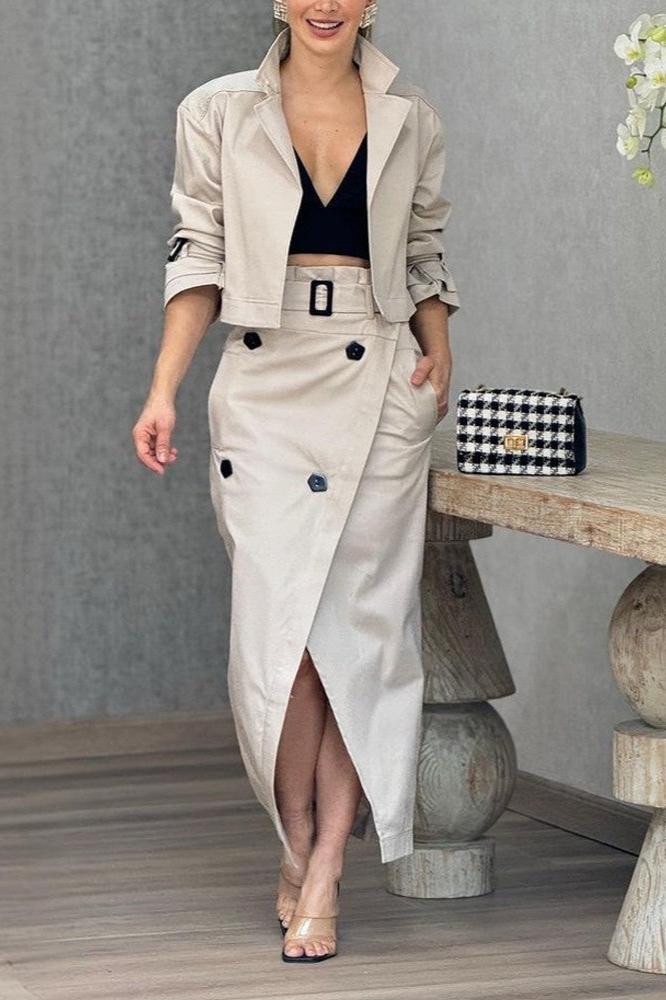 Fashion Lapel Jacket & Split Skirt Two-Piece Set