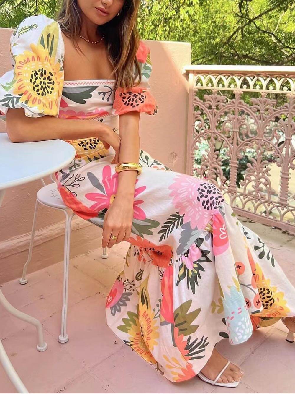 Floral Print Square Neck Bubble Sleeve Maxi Dress