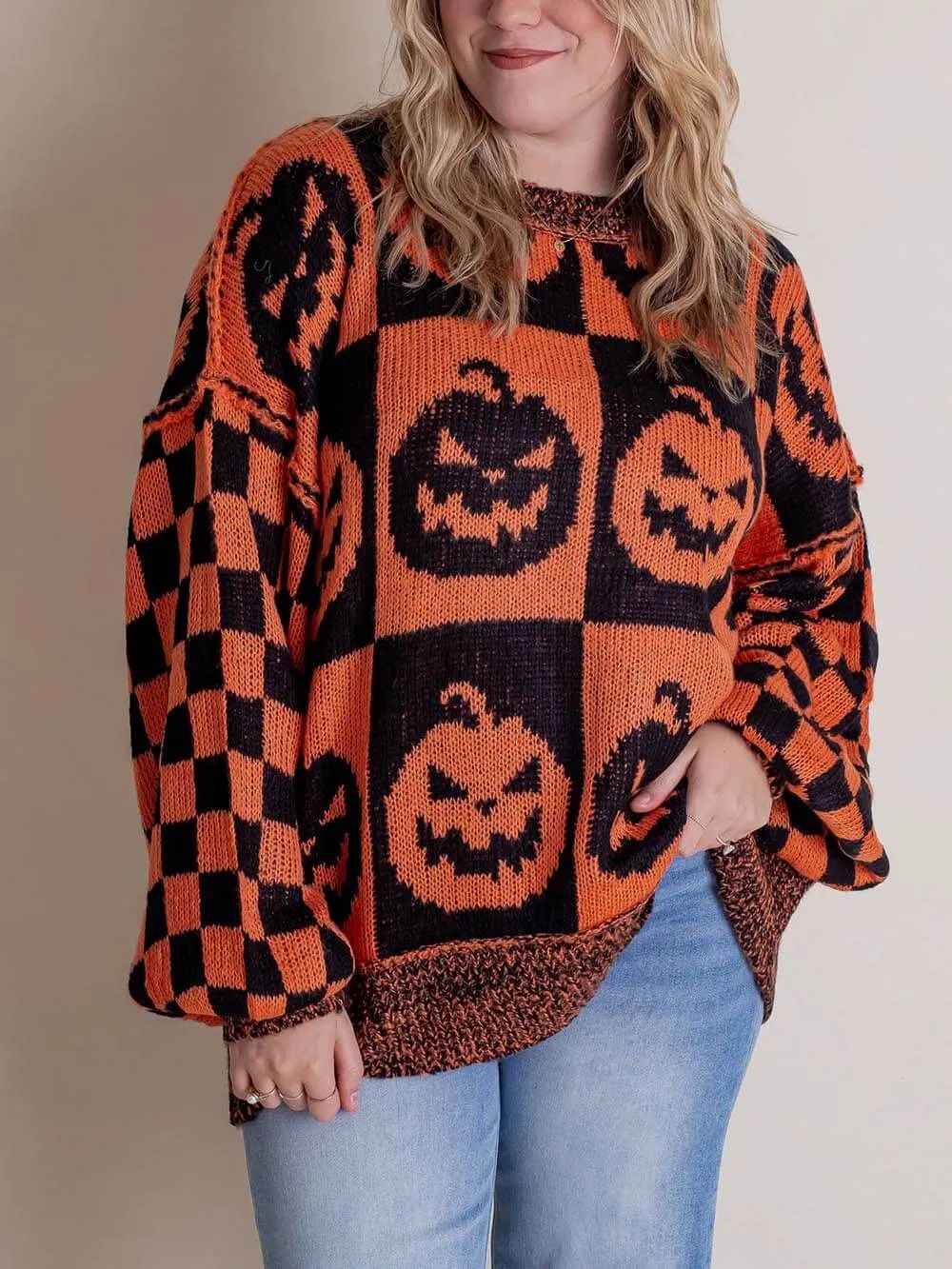 Halloween Jack-O-Lantern Plaid Sweater