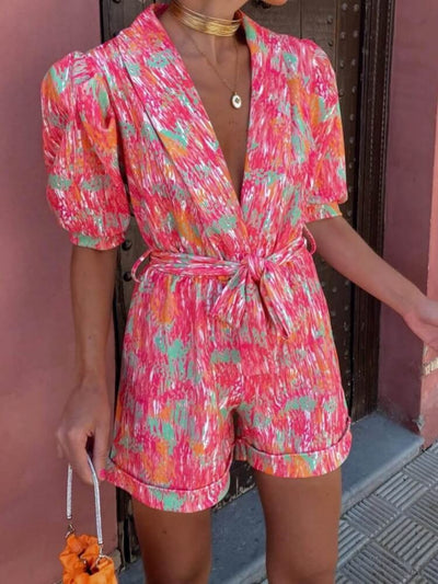 Candy Floral Puff Sleeves Romper In Pink