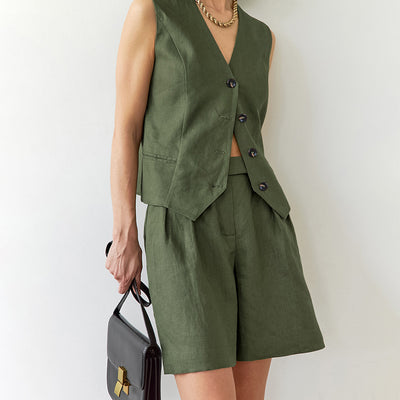 Ensemble deux pièces gilet et pantalon large vert 