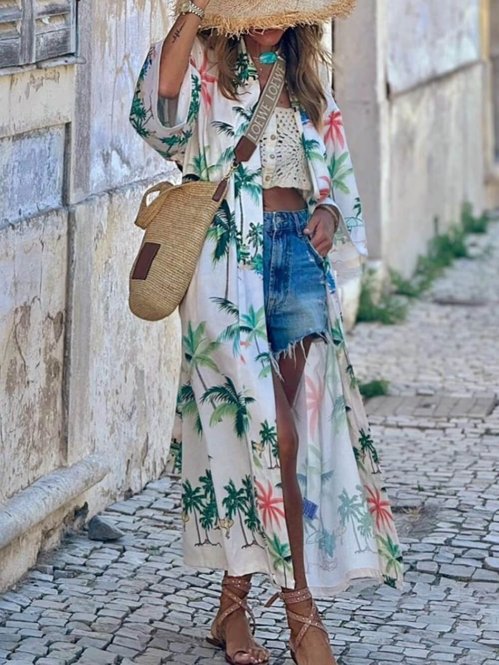 Vacation Style Botanical Print Tie-Waist Long Cover-Up Dress