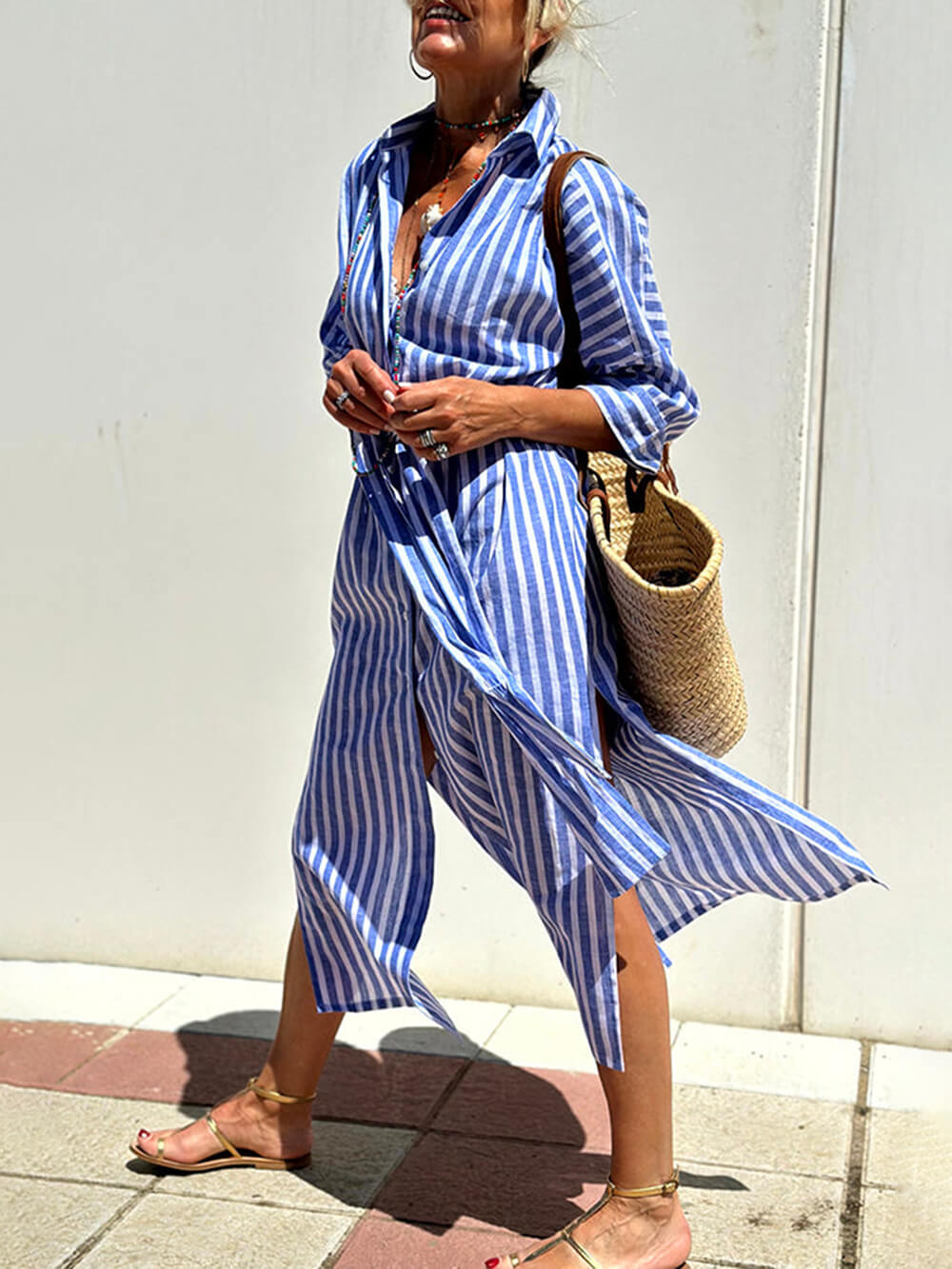 Splendor Stripes Printed Button Half Sleeve Belt Shirt Midi Dress