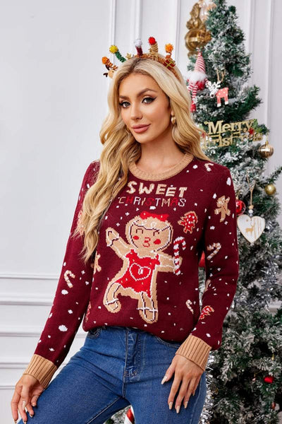 Casual Crewneck Embroidered Sweater – Gingerbread Man