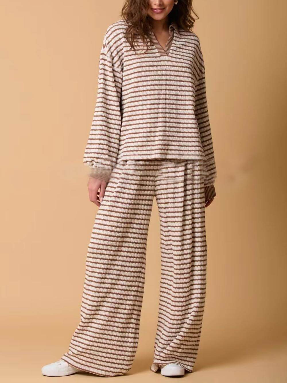 Casual Two-Color Striped Long-Sleeved Trousers Two-Piece Set