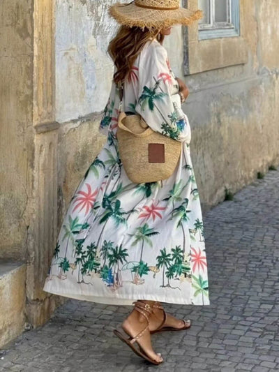 Vacation Style Botanical Print Tie-Waist Long Cover-Up Dress