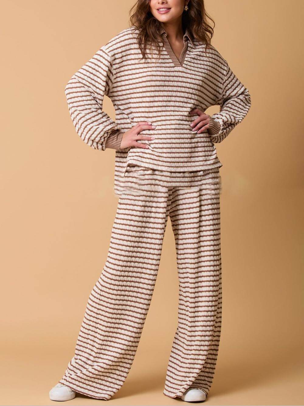 Casual Two-Color Striped Long-Sleeved Trousers Two-Piece Set