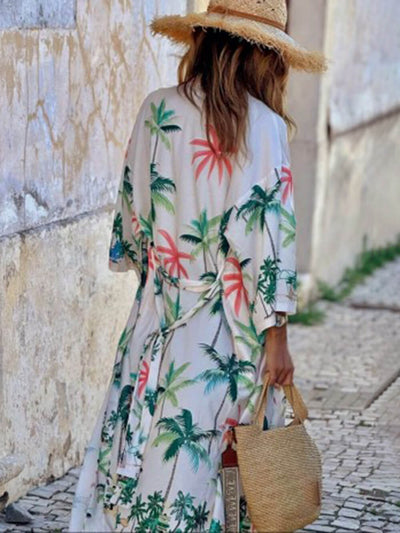 Vacation Style Botanical Print Tie-Waist Long Cover-Up Dress