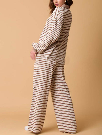 Casual Two-Color Striped Long-Sleeved Trousers Two-Piece Set