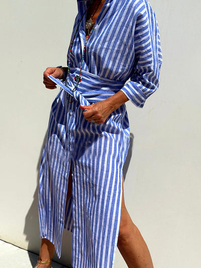 Splendor Stripes Printed Button Half Sleeve Belt Shirt Midi Dress