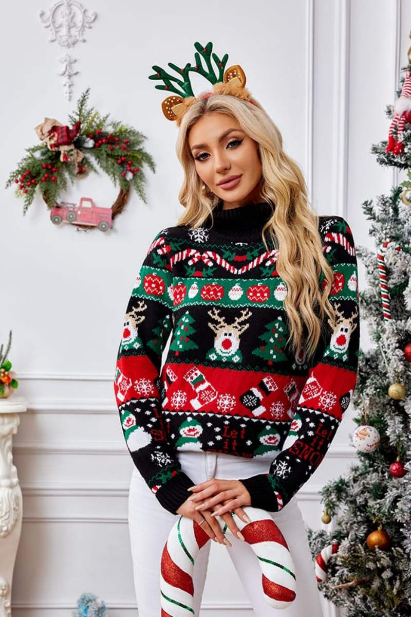 High Neck Christmas Snowman Embroidery Sweater