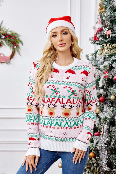 Loose-Fit Round Neck Christmas Cartoon Knit Sweater - Pink