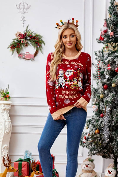 Casual Crewneck Embroidered Sweater – Santa Claus & Penguin