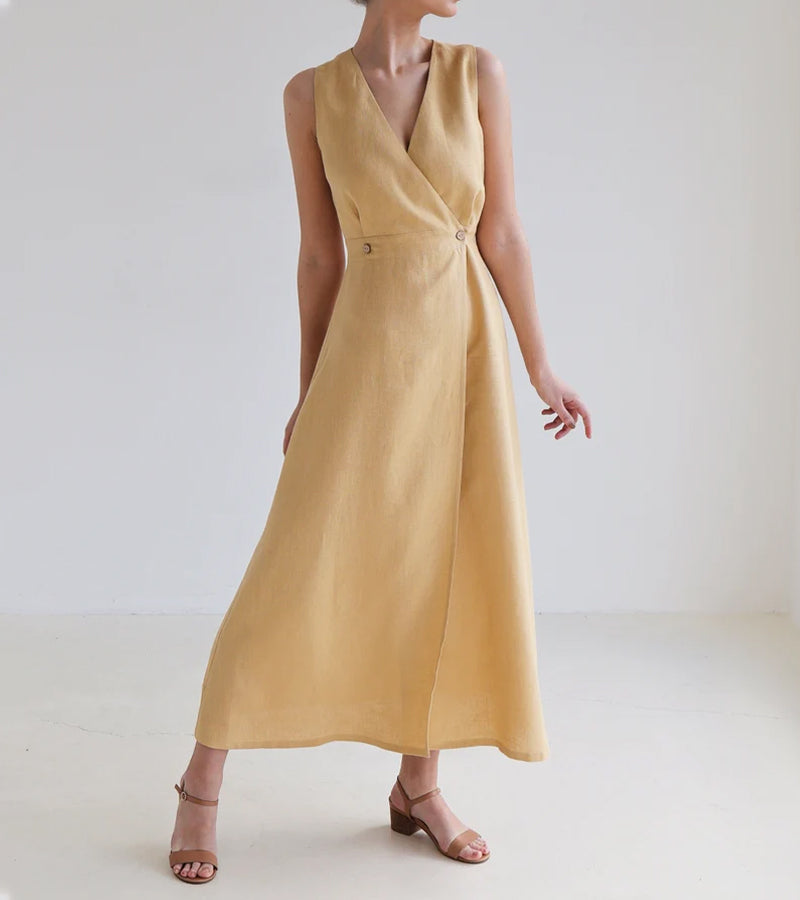 Casual Solid Color Linen Wrap Dress