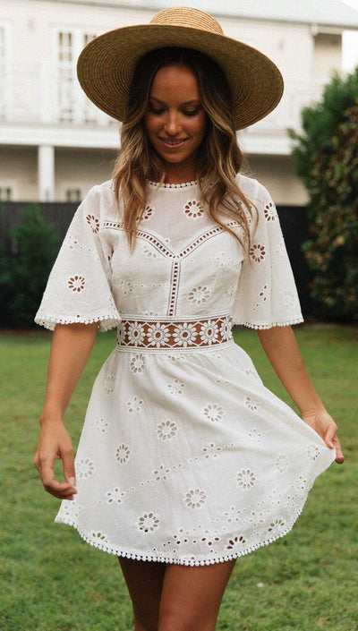 Backless Hollow-out Embroidered Dress