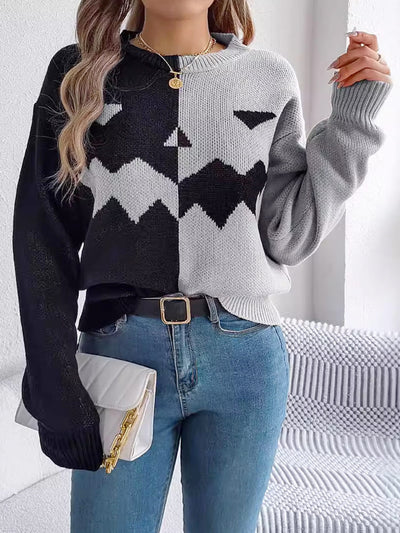 Ghost Pattern Long Sleeve Crew Neck Sweater