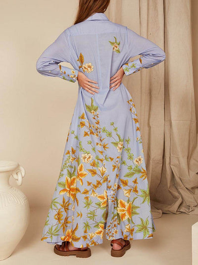 Unique Floral Print Long Sleeve Pocket A-line Shirt Maxi Dress