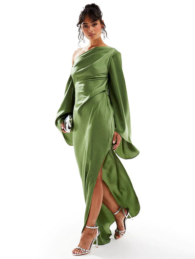 Green Asymmetrical Hem Satin Maxi Dress