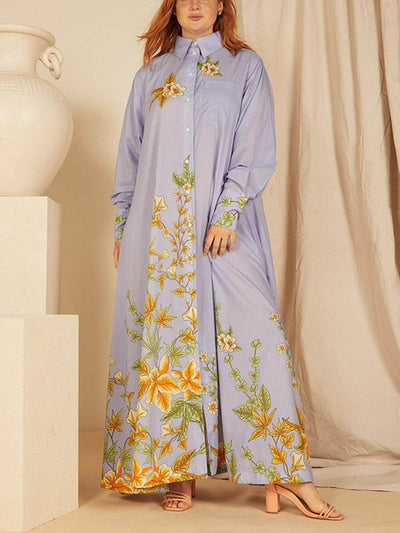 Unique Floral Print Long Sleeve Pocket A-line Shirt Maxi Dress