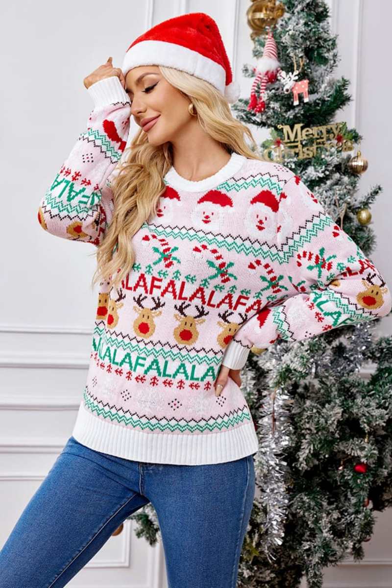 Loose-Fit Round Neck Christmas Cartoon Knit Sweater - Pink