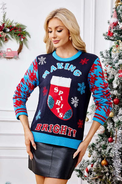 Casual Christmas Socks Embroidery Knit Sweater