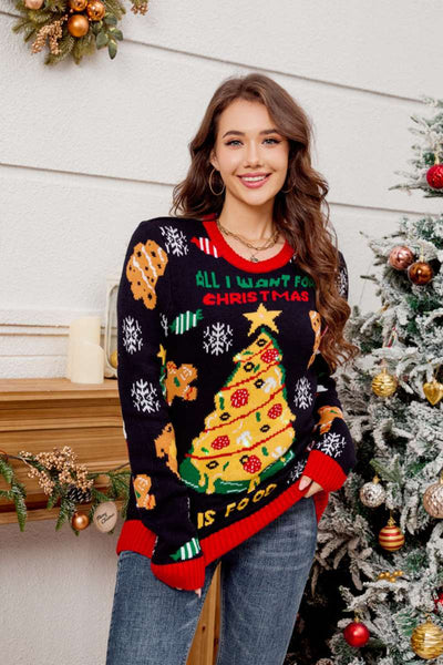 Casual Crewneck Embroidered Christmas Tree Sweater