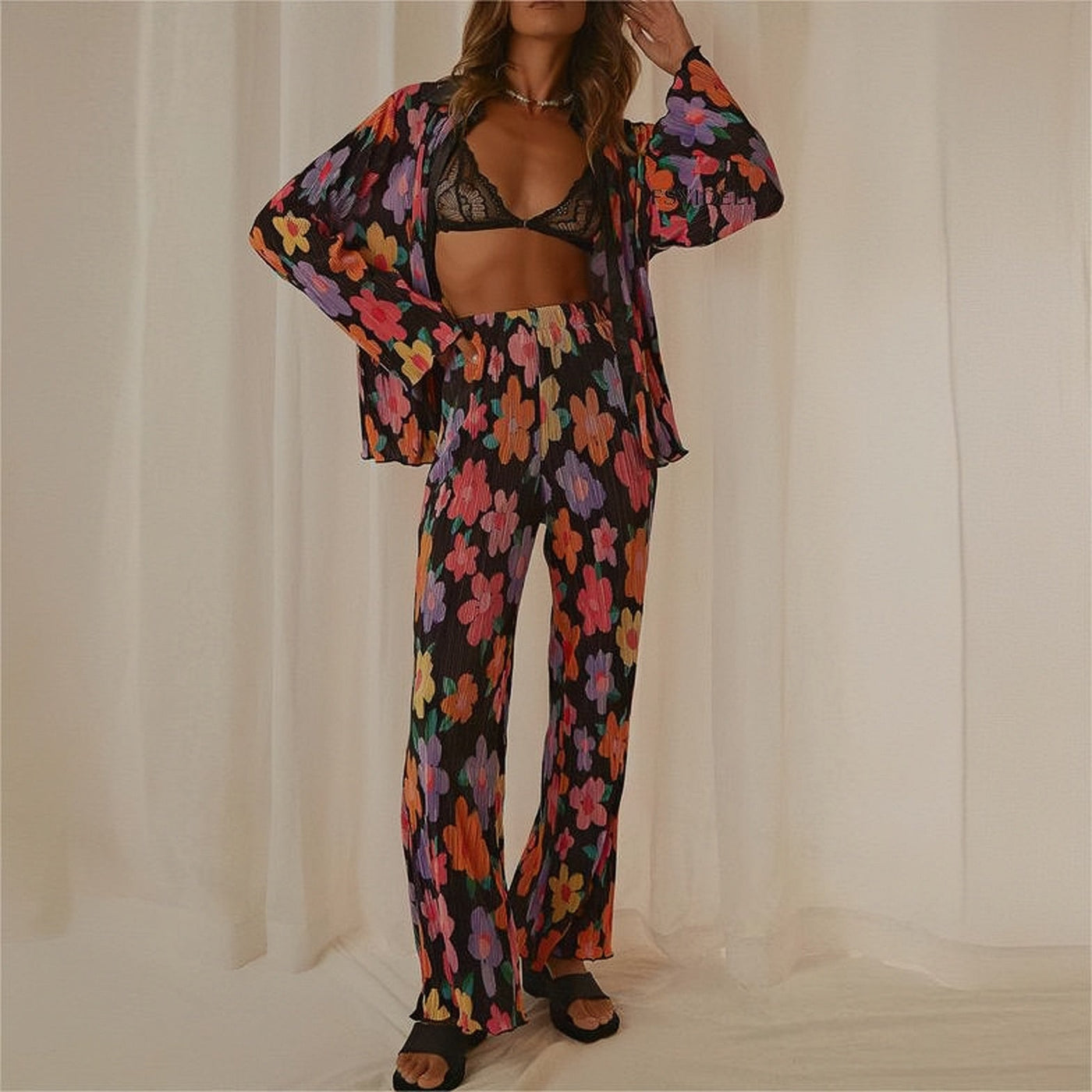 Pleated Printed Lapel Long-sleeved Shirt Pants Set