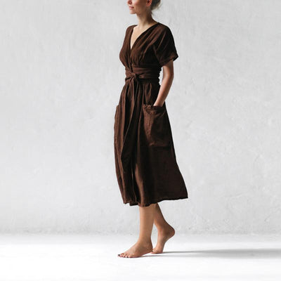 Women's Fashion V Neck Belt High Waist Short Sleeves Cotton- Linen Dress