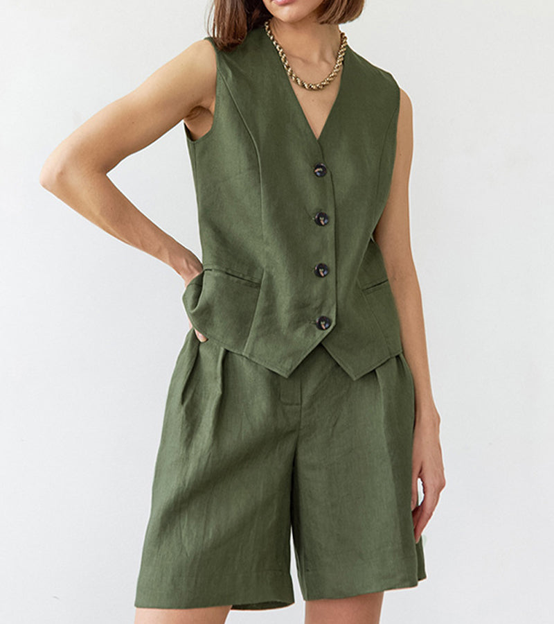 Ensemble deux pièces gilet et pantalon large vert 