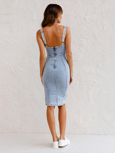 This Seasons Staple Denim Adjustable Straps Zip-up Firm Stretch Midi Dress