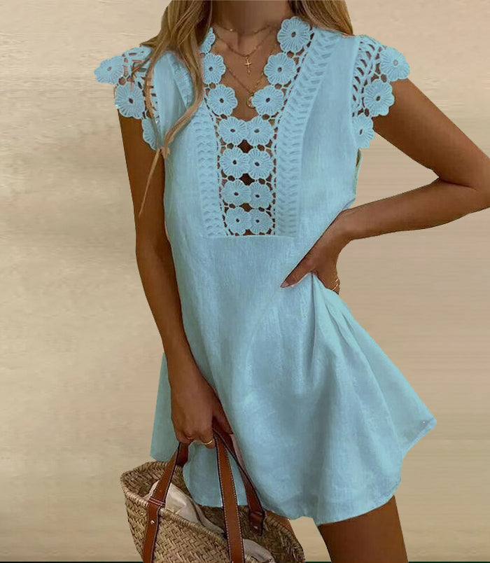 Chic Lace Trim Patchwork  Mini Dress