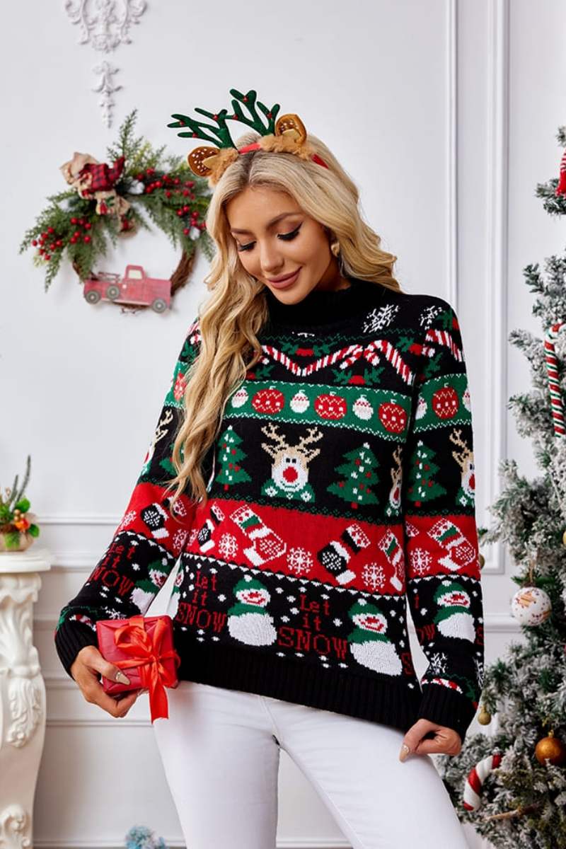 High Neck Christmas Snowman Embroidery Sweater