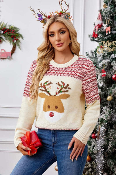 Christmas Crewneck Embroidered Knit Sweater