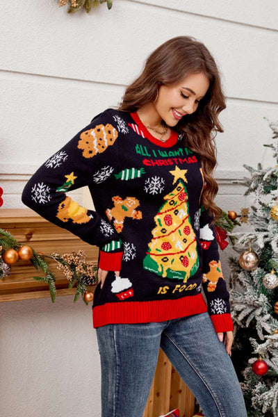 Casual Crewneck Embroidered Christmas Tree Sweater