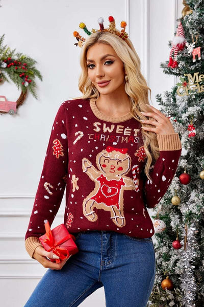 Casual Crewneck Embroidered Sweater – Gingerbread Man