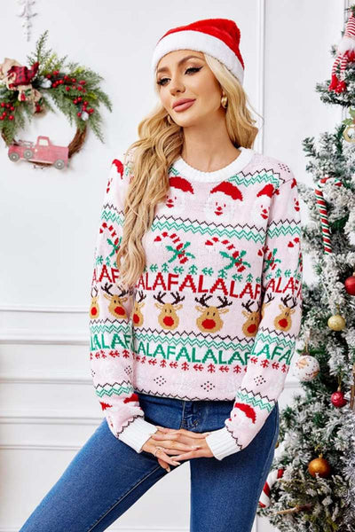 Loose-Fit Round Neck Christmas Cartoon Knit Sweater - Pink