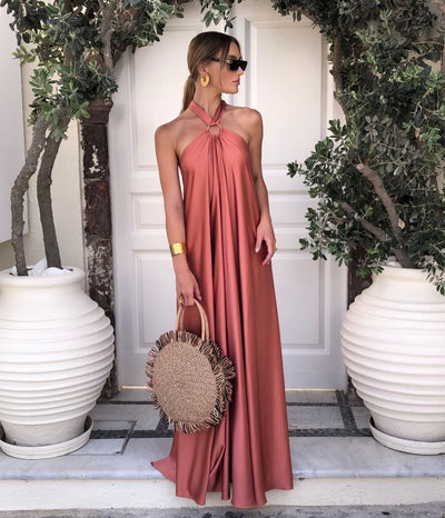 Satin  Elegant Maxi long Dress: Backless Halter Neck