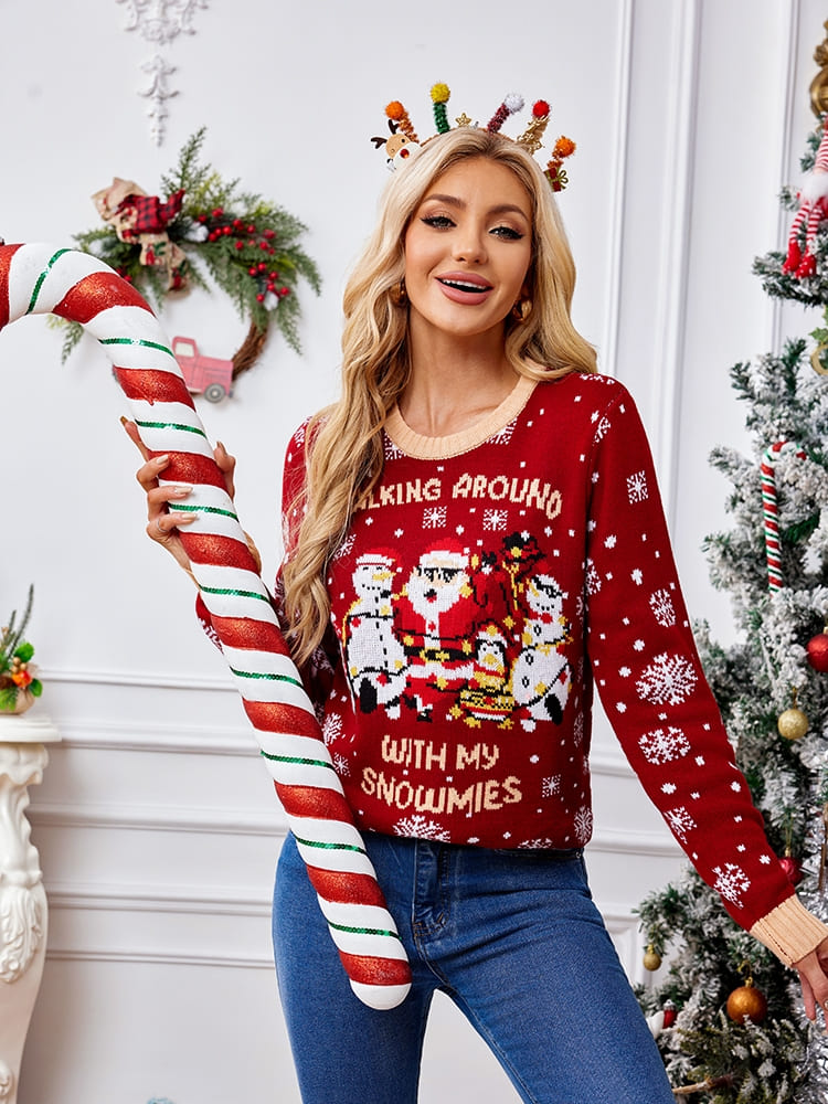 Casual Crewneck Embroidered Sweater – Santa Claus & Penguin