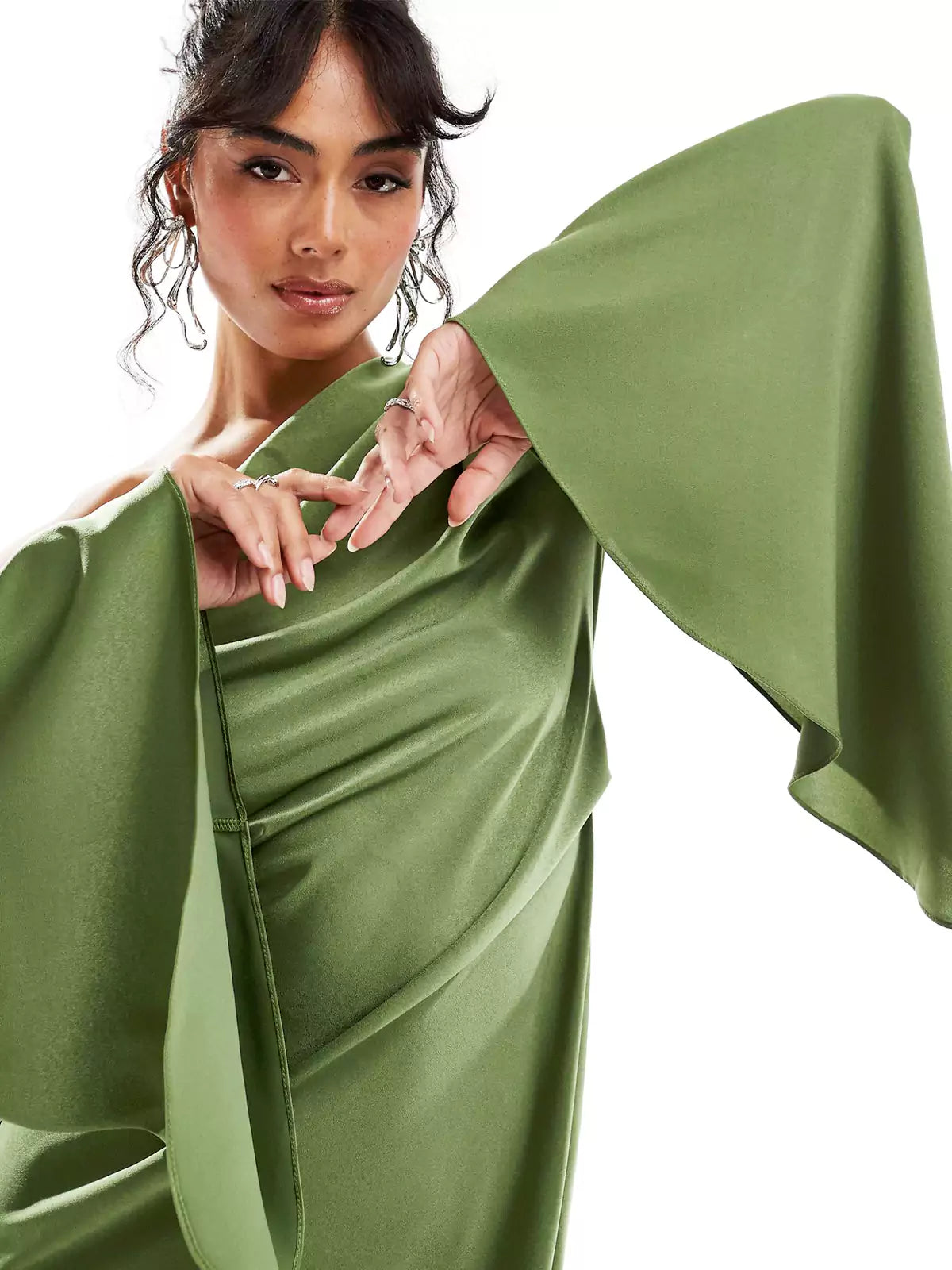 Green Asymmetrical Hem Satin Maxi Dress