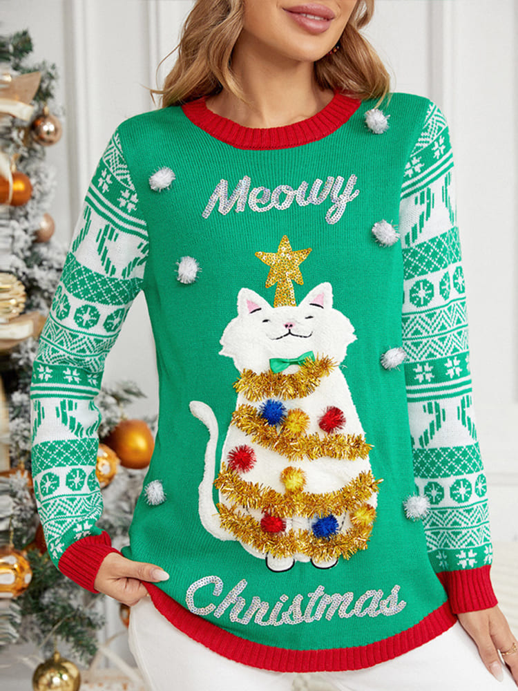 Christmas Long Sleeve Cat Appliqué Round Neck Sweater