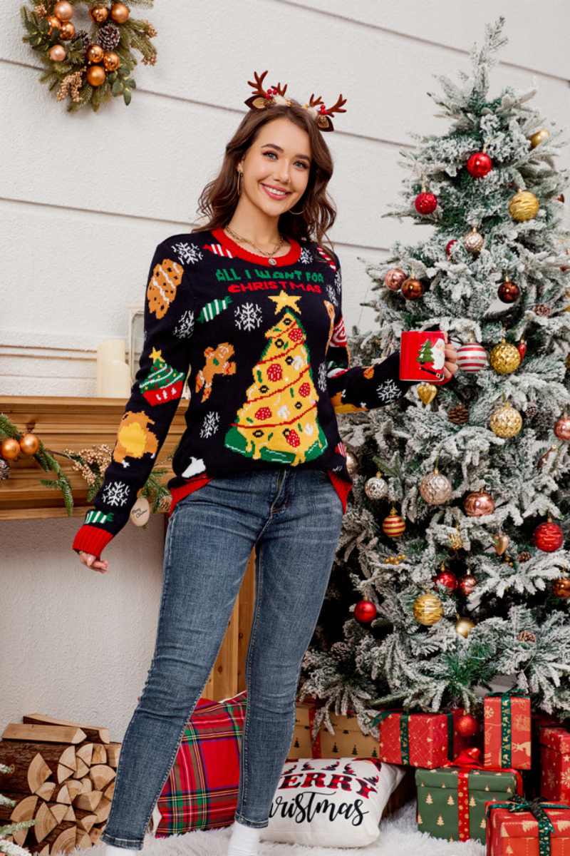 Casual Crewneck Embroidered Christmas Tree Sweater