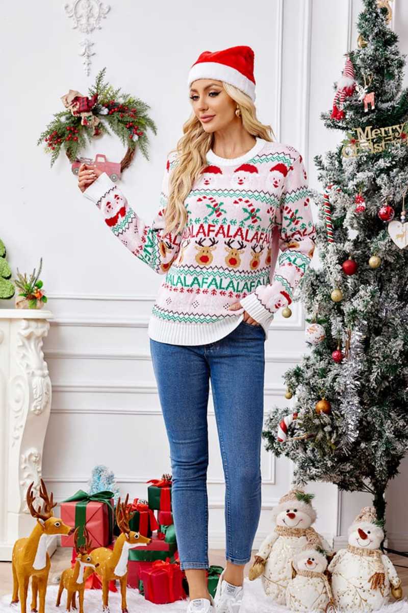 Loose-Fit Round Neck Christmas Cartoon Knit Sweater - Pink