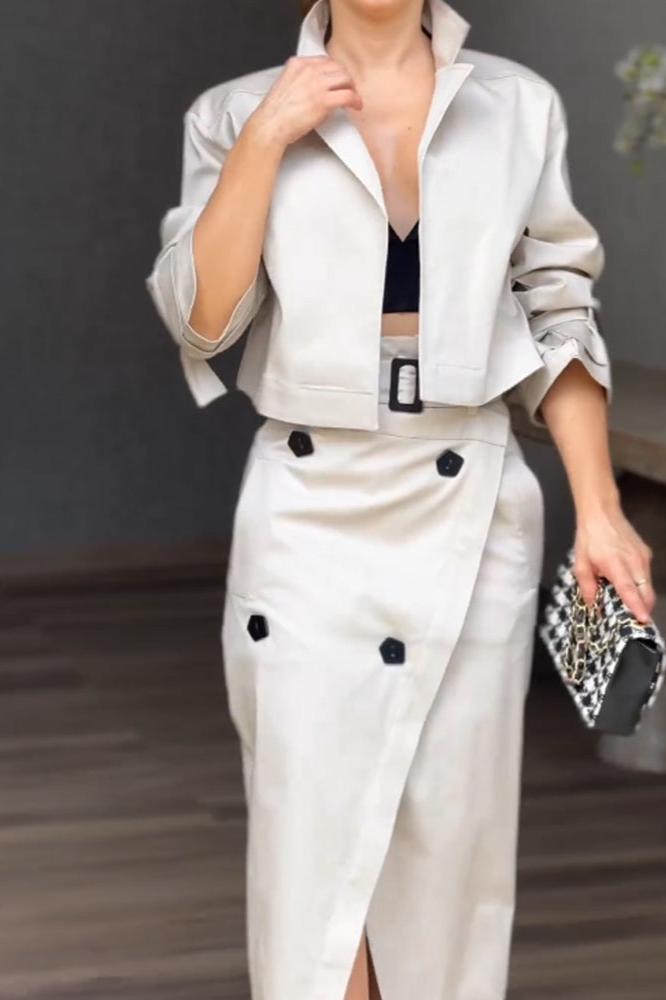 Fashion Lapel Jacket & Split Skirt Two-Piece Set