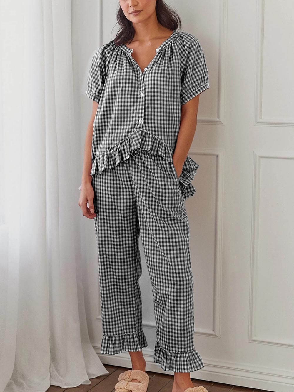 Casual Ruffled Plaid Print Shirt Pajama Set