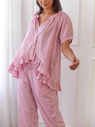 Casual Ruffled Plaid Print Shirt Pajama Set