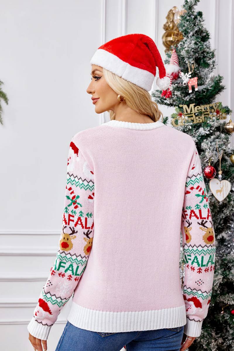 Loose-Fit Round Neck Christmas Cartoon Knit Sweater - Pink