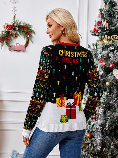 Knit Crewneck Embroidered Sweater – Santa Claus & Musical Notes