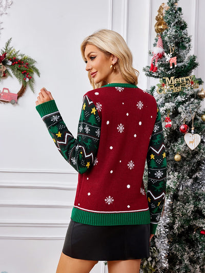 Crewneck Embroidered Sweater – Christmas Tree & Dinosaur