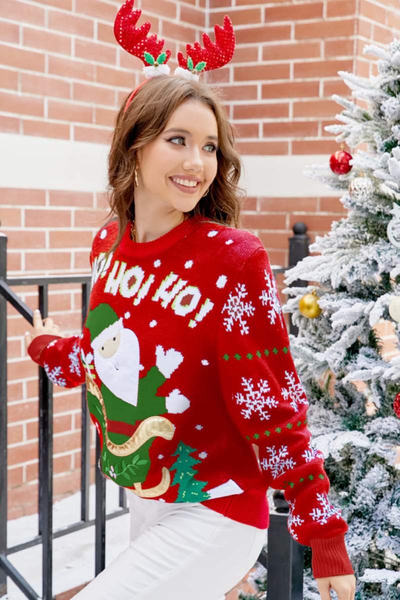 Crewneck Casual Embroidered Santa Sweater