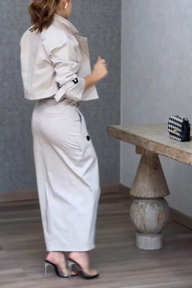 Fashion Lapel Jacket & Split Skirt Two-Piece Set